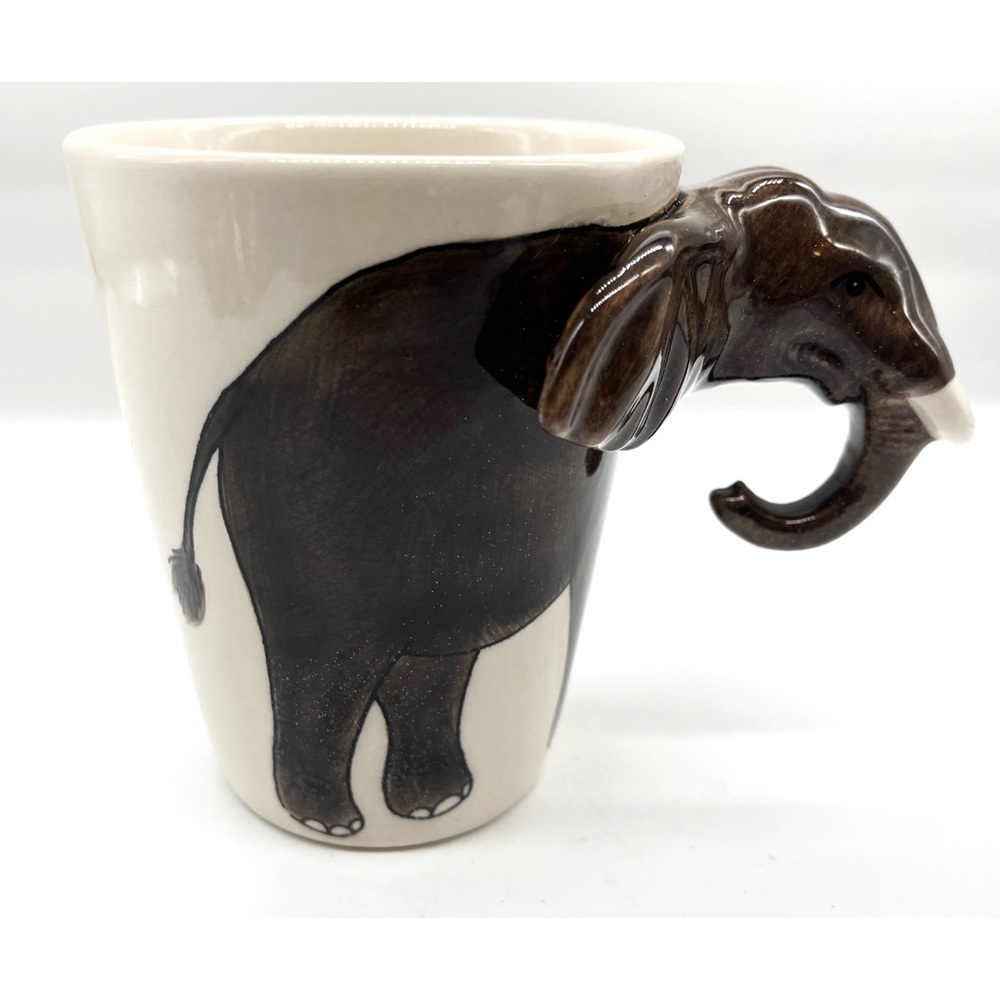 World Market 3D Elephant Trunk Tusks White Ceramic Handle Coffee Mug Cup 12 oz